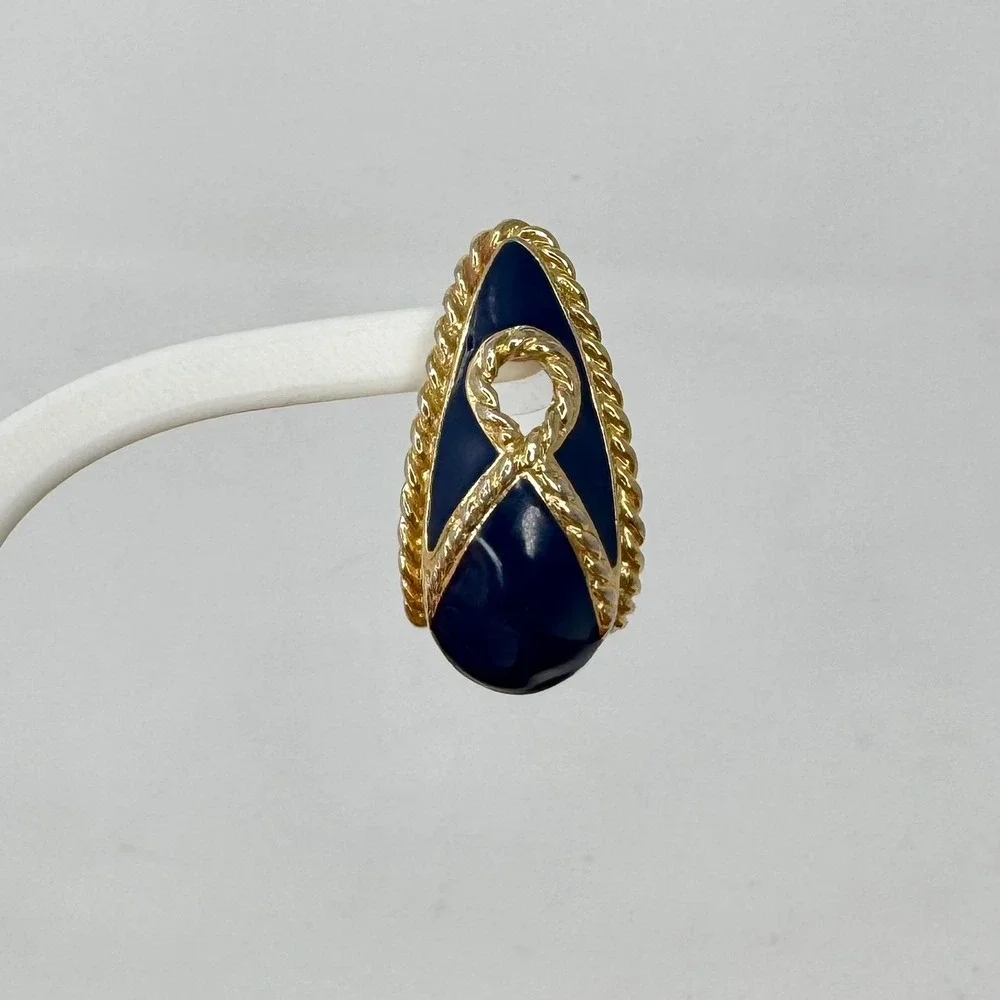 Vintage Trifari Navy Blue Enamel Gold Tone Rope Teardrop Nautical Post Earrings